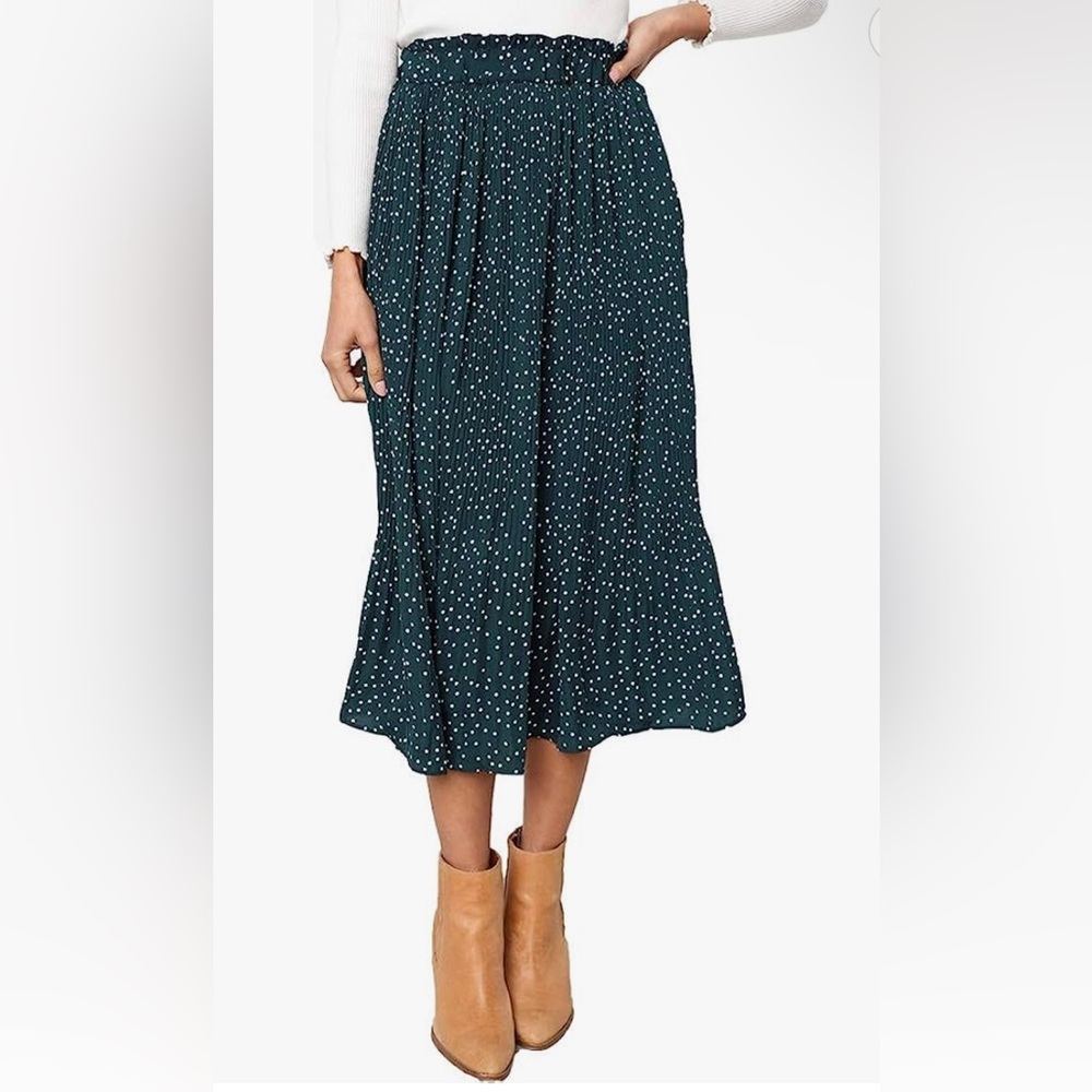NWOT EXLURA High Waist Polka Dot Pleated Midi Swing Skirt with Pockets Size M